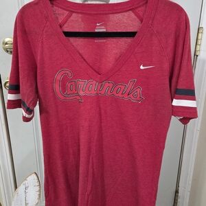 Nike Red Cardinals V‑Neck Tee with Black & White Sleeve Stripes